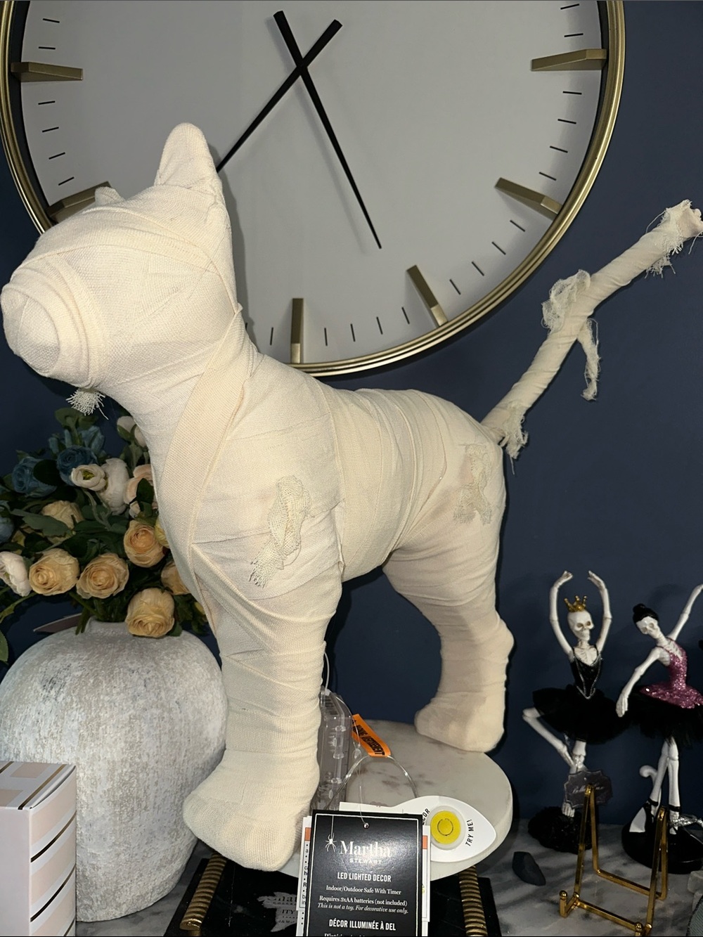 Martha Stewart Halloween Cream LED Wrapped Cat mummy Accent